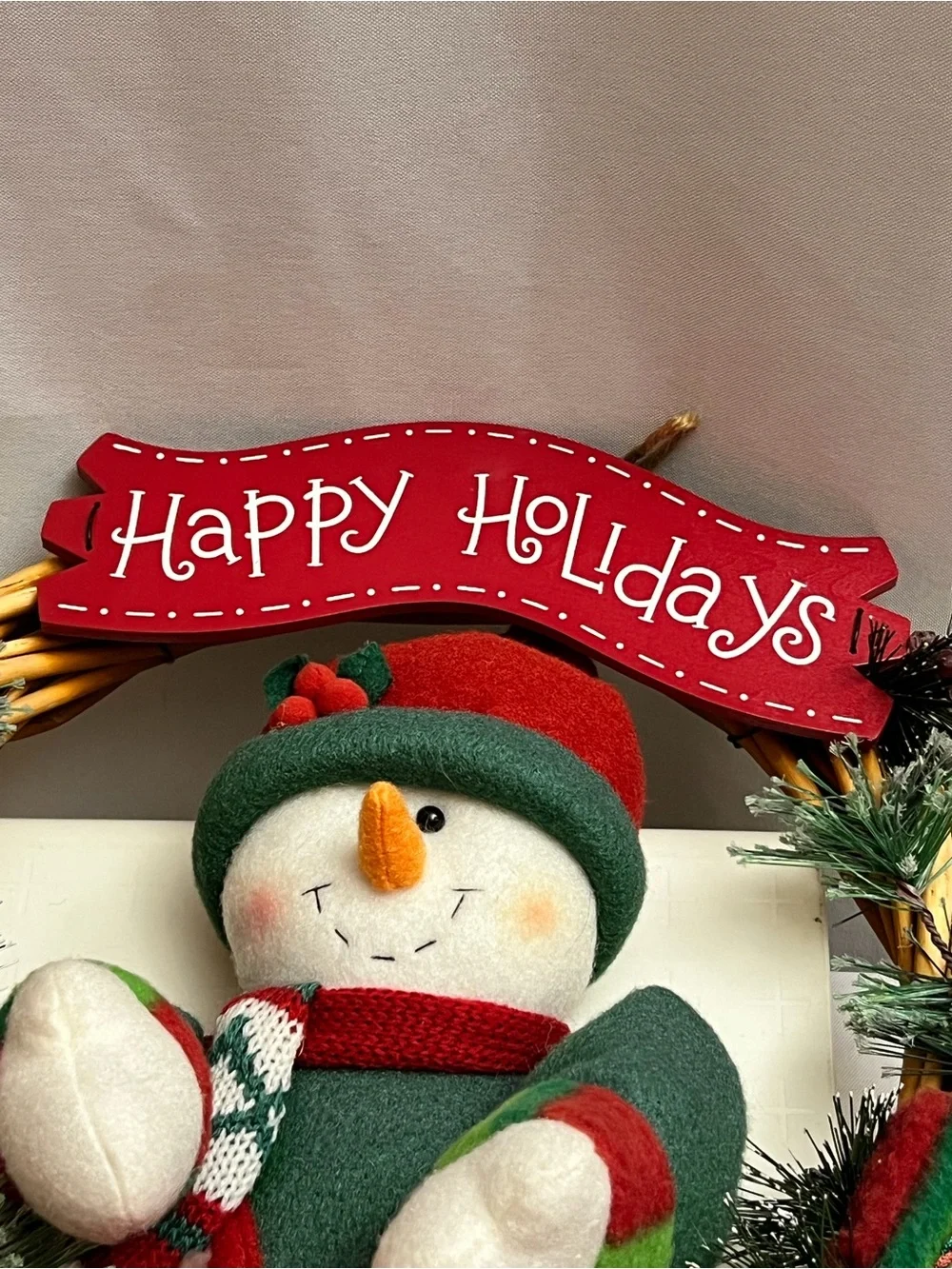 Happy Holidays Snowman Christmas Wreath Plush Door Wall Hanging Decor 12 Inch